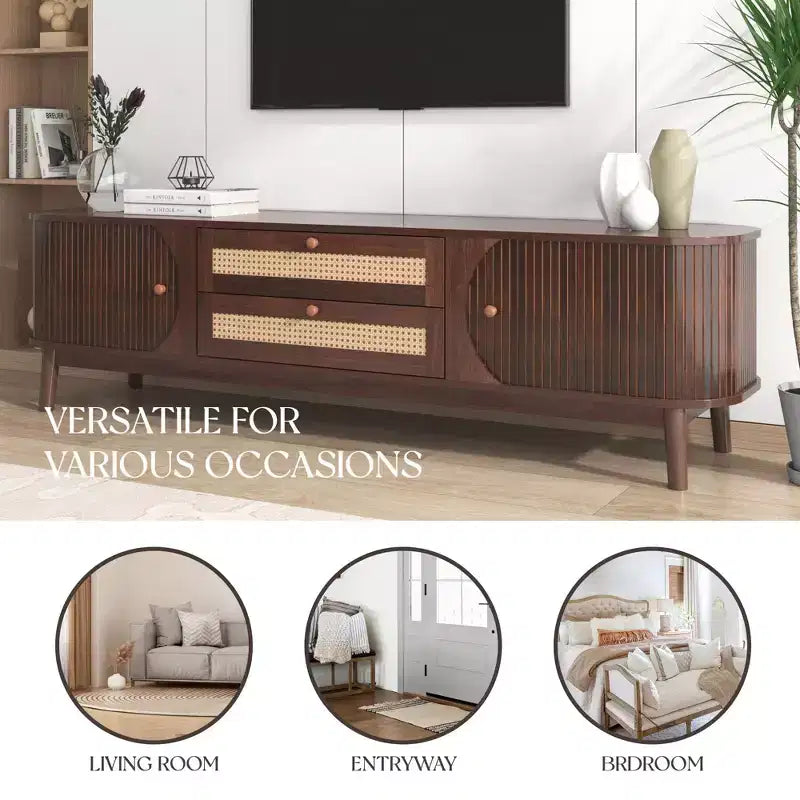 66.93 Inch Brown Rattan TV Stand Media Console for TVs up to 75 Inches with Solid Wood Legs for Living Room