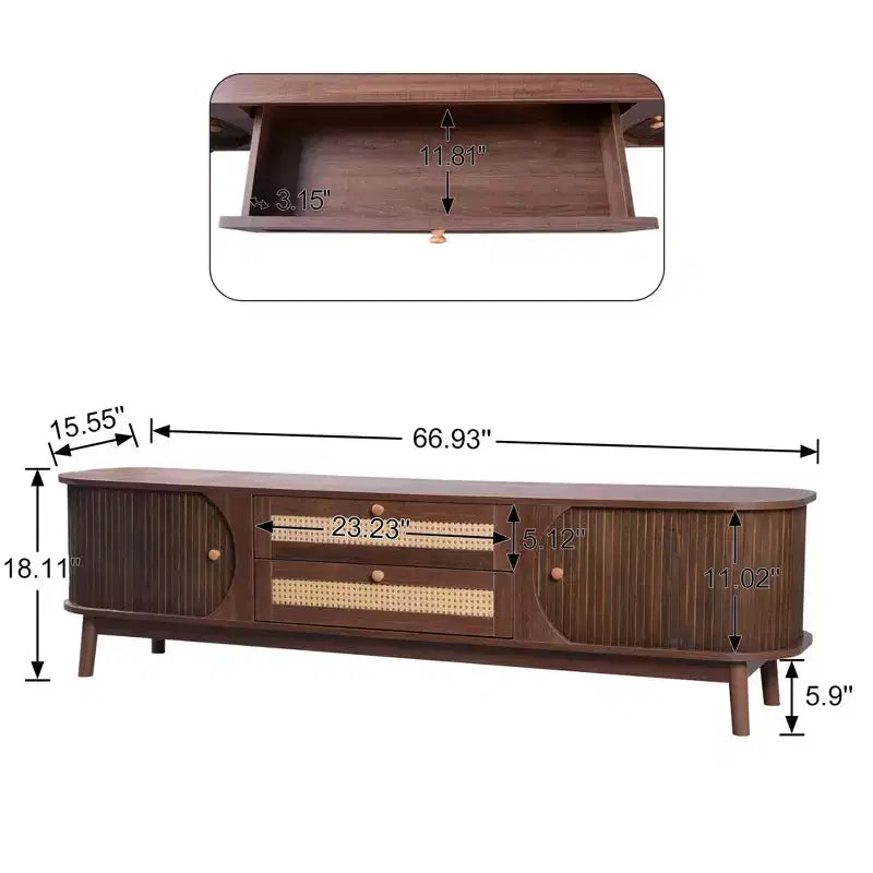 66.93 Inch Brown Rattan TV Stand Media Console for TVs up to 75 Inches with Solid Wood Legs for Living Room