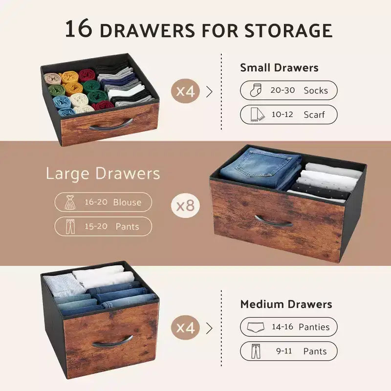 TUYOHW Tall Storage Dresser with 16 Drawers,Wooden Top Sturdy Steel Chest of Drawers for Closets and Bedroom,3-Sized Drawers,35lbs Capacity