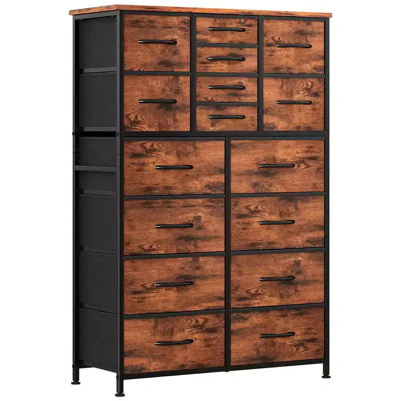 TUYOHW Tall Storage Dresser with 16 Drawers,Wooden Top Sturdy Steel Chest of Drawers for Closets and Bedroom,3-Sized Drawers,35lbs Capacity