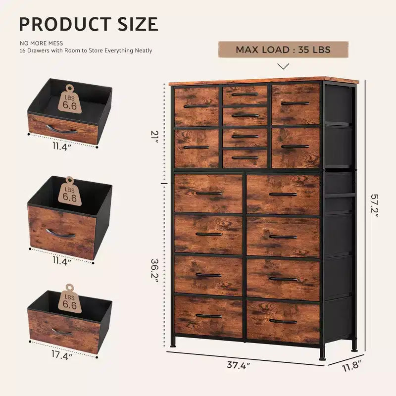 TUYOHW Tall Storage Dresser with 16 Drawers,Wooden Top Sturdy Steel Chest of Drawers for Closets and Bedroom,3-Sized Drawers,35lbs Capacity