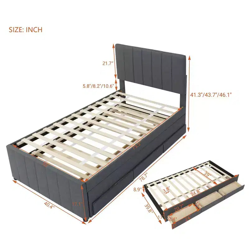Luxystar Linen Upholstered Platform Bed with Trundle and 3 Drawers for Living Room
