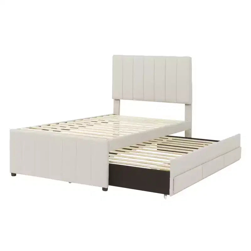Luxystar Linen Upholstered Platform Bed with Trundle and 3 Drawers for Living Room