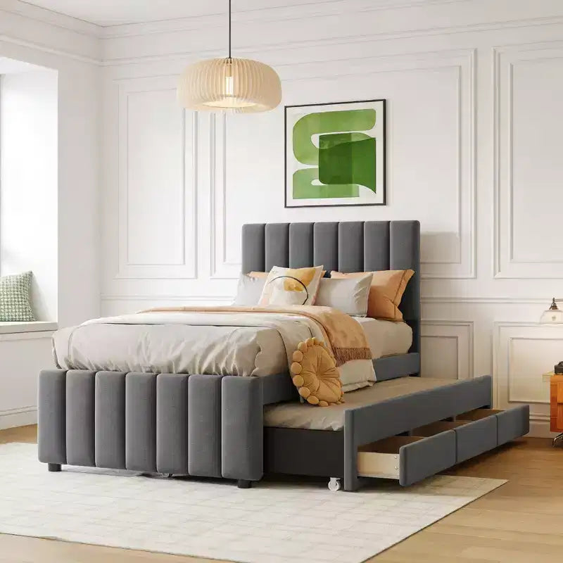 Luxystar Linen Upholstered Platform Bed with Trundle and 3 Drawers for Living Room