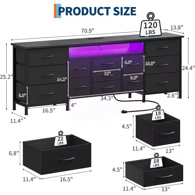 Acekool 13-Drawer Long TV Stand Dresser with Power Outlet, Wide Entertainment Center Storage Organizer for Bedroom, Living Room, Entryway