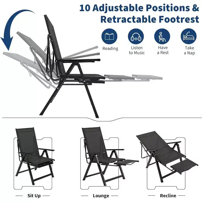 Outdoor Patio Folding Chair with Armrests & Footrest, Adjustable 10-Position Reclining Lounge Chair, Portable for Garden, Camping