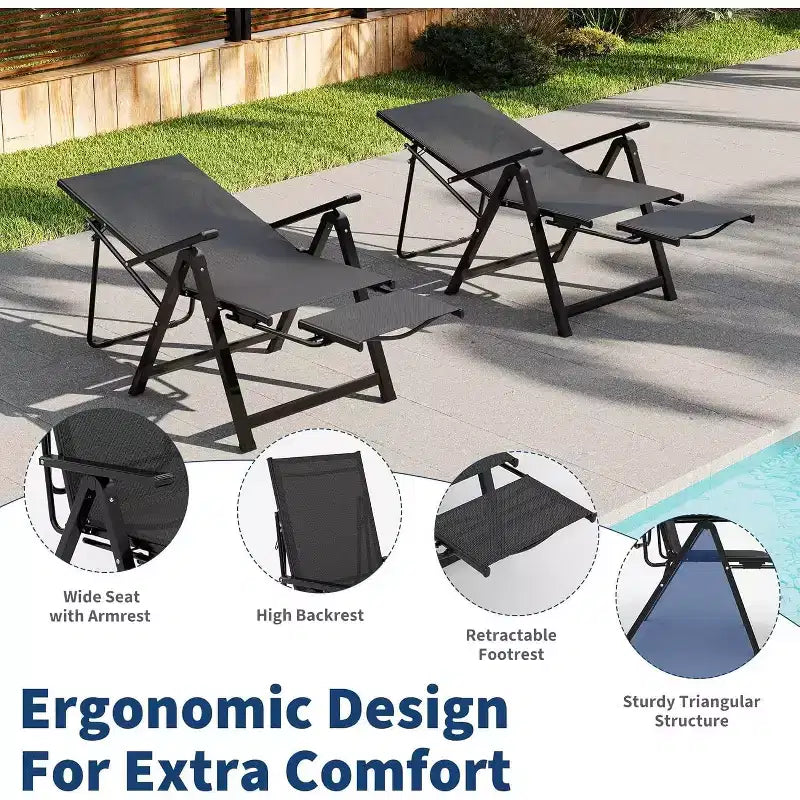 Outdoor Patio Folding Chair with Armrests & Footrest, Adjustable 10-Position Reclining Lounge Chair, Portable for Garden, Camping