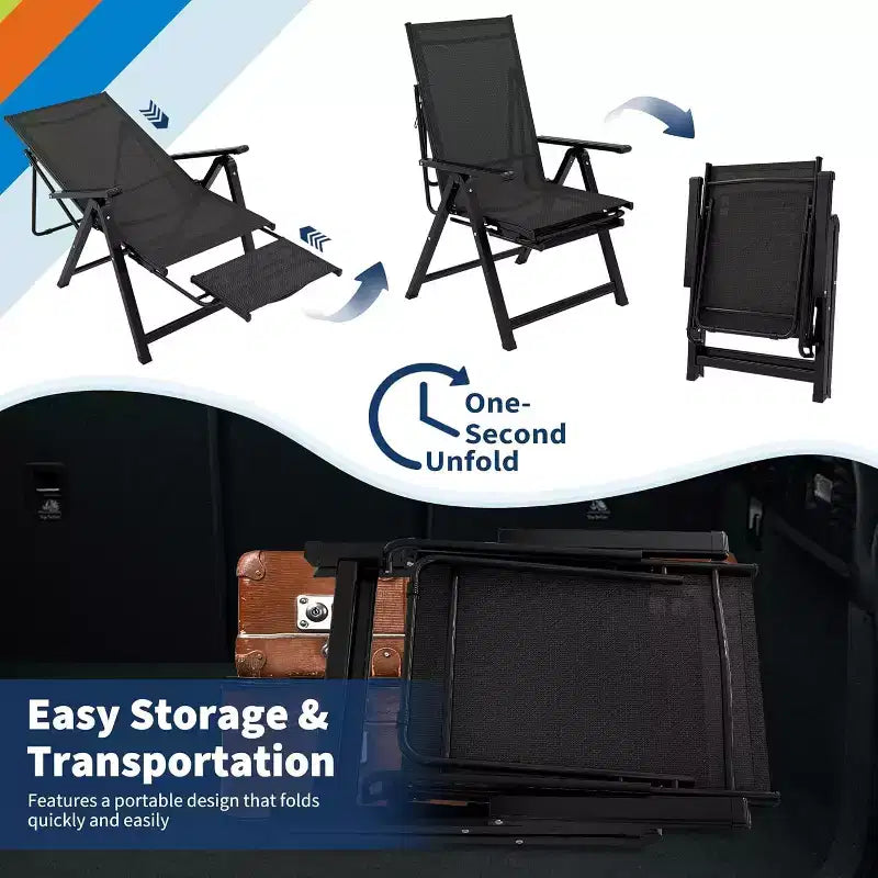 Outdoor Patio Folding Chair with Armrests & Footrest, Adjustable 10-Position Reclining Lounge Chair, Portable for Garden, Camping