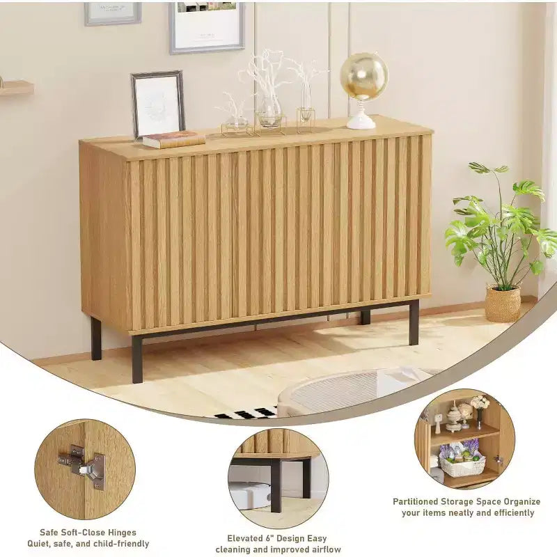 Sideboard Buffet Cabinet with Fluted Doors, Modern Wood Storage Cabinet with Adjustable Shelf, Freestanding Coffee Bar for Dining Room, Living Room