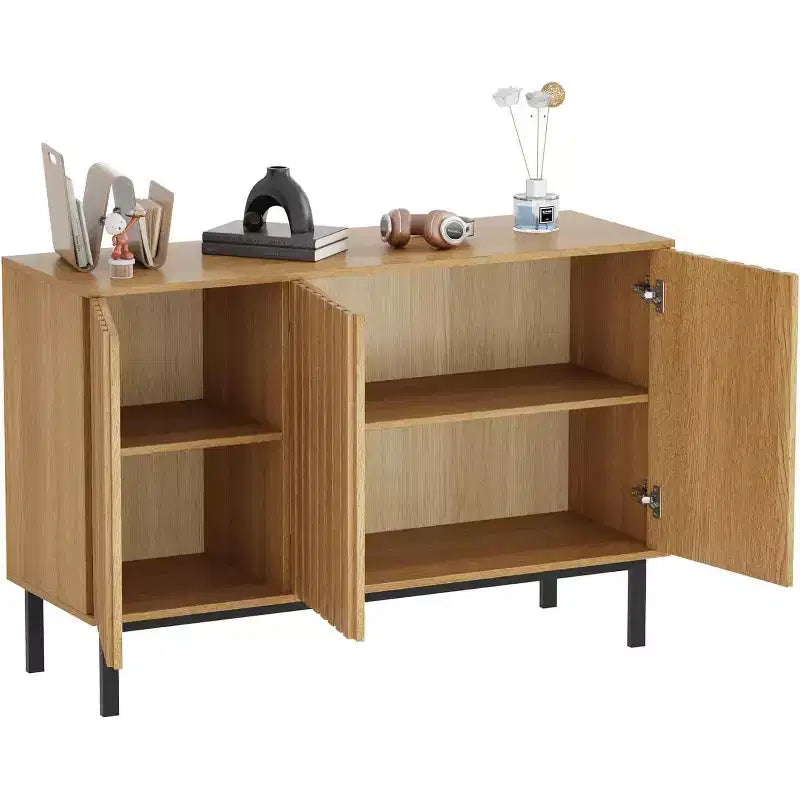 Sideboard Buffet Cabinet with Fluted Doors, Modern Wood Storage Cabinet with Adjustable Shelf, Freestanding Coffee Bar for Dining Room, Living Room