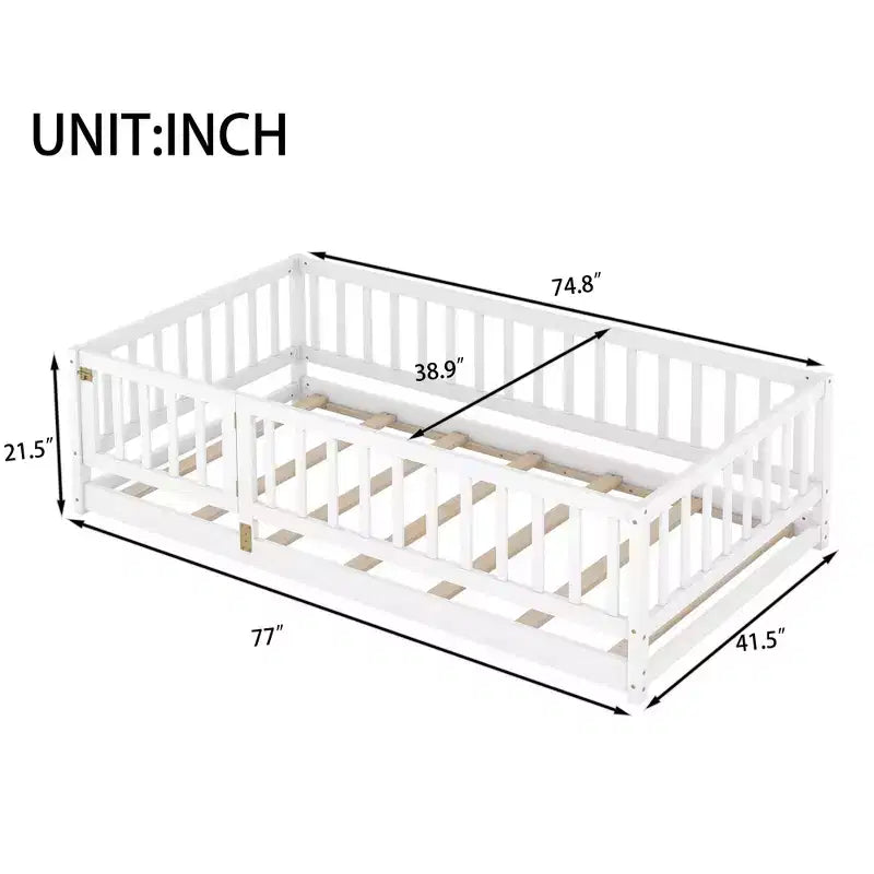TUYOHW Montessori Floor Bed with Slat Support for Kids,Solid Pine Wood Bed Frame,Slatted Low Profile Bed with Doors,300lbs Capacity