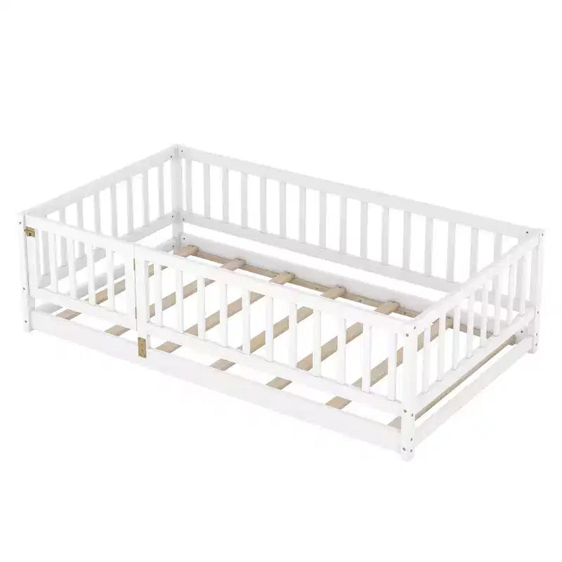 TUYOHW Montessori Floor Bed with Slat Support for Kids,Solid Pine Wood Bed Frame,Slatted Low Profile Bed with Doors,300lbs Capacity