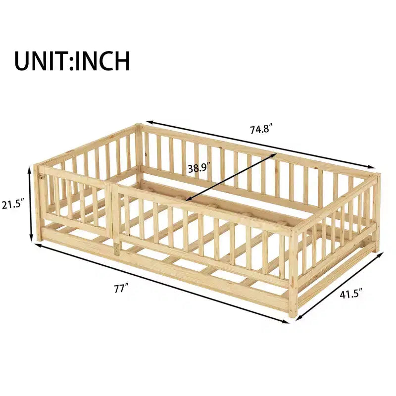 TUYOHW Montessori Floor Bed with Slat Support for Kids,Solid Pine Wood Bed Frame,Slatted Low Profile Bed with Doors,300lbs Capacity