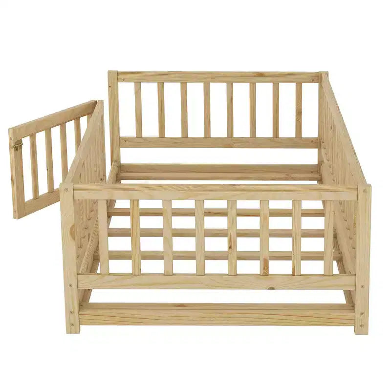 TUYOHW Montessori Floor Bed with Slat Support for Kids,Solid Pine Wood Bed Frame,Slatted Low Profile Bed with Doors,300lbs Capacity