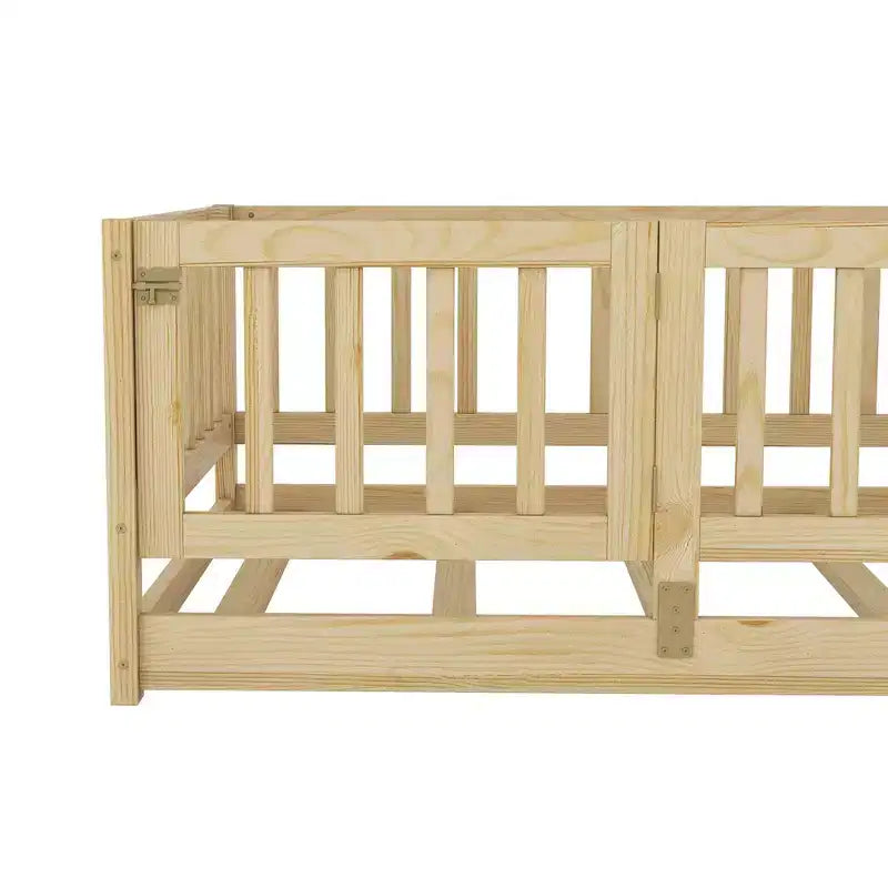 TUYOHW Montessori Floor Bed with Slat Support for Kids,Solid Pine Wood Bed Frame,Slatted Low Profile Bed with Doors,300lbs Capacity