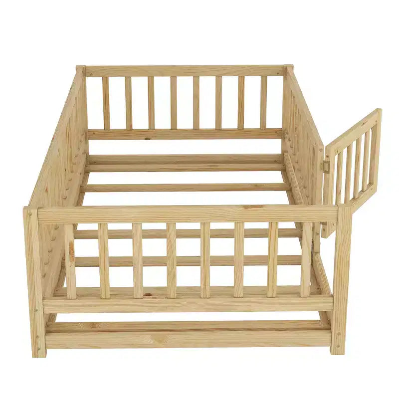 TUYOHW Montessori Floor Bed with Slat Support for Kids,Solid Pine Wood Bed Frame,Slatted Low Profile Bed with Doors,300lbs Capacity