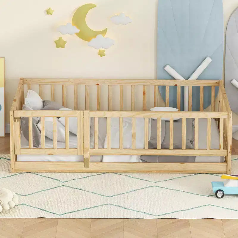 TUYOHW Montessori Floor Bed with Slat Support for Kids,Solid Pine Wood Bed Frame,Slatted Low Profile Bed with Doors,300lbs Capacity