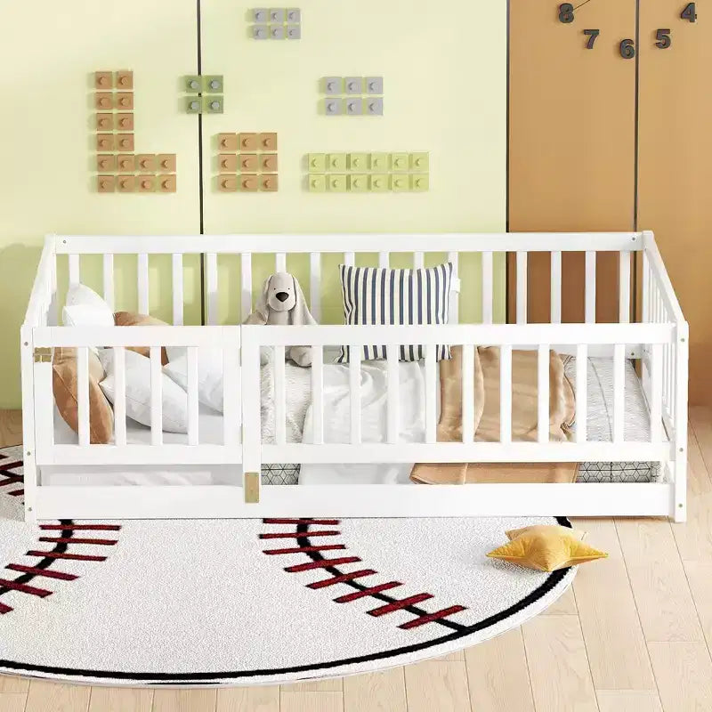 TUYOHW Montessori Floor Bed with Slat Support for Kids,Solid Pine Wood Bed Frame,Slatted Low Profile Bed with Doors,300lbs Capacity