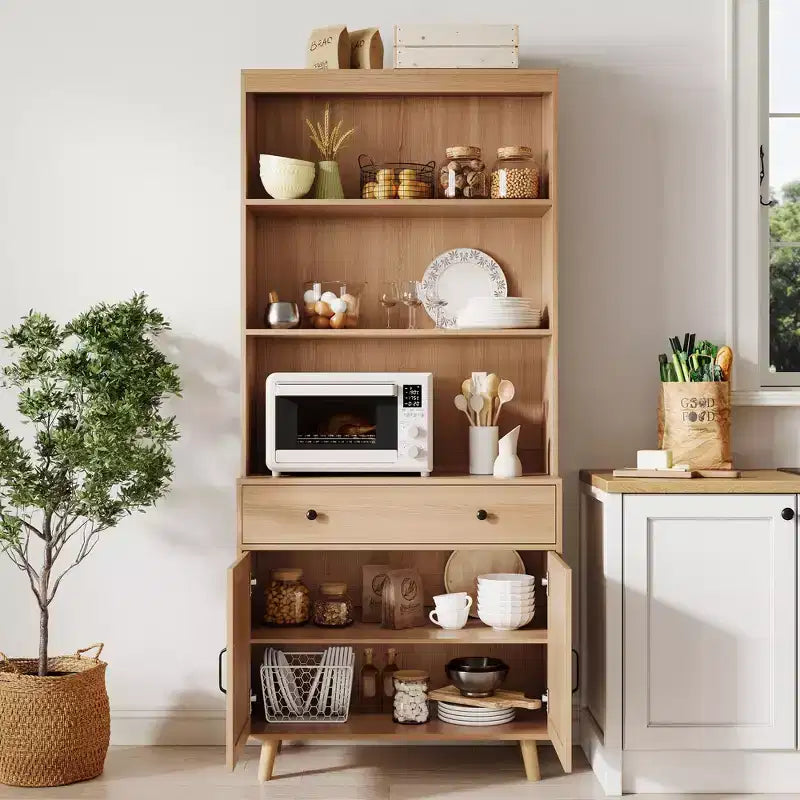 Tall 6-Tier Bookshelf & Bookcase with Doors & Drawer, Storage Cabinet with Open Shelves, 72.4 Freestanding Wood Bookshelf for Living Room, Bedroom