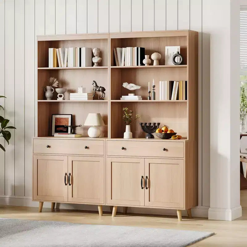 Tall 6-Tier Bookshelf & Bookcase with Doors & Drawer, Storage Cabinet with Open Shelves, 72.4 Freestanding Wood Bookshelf for Living Room, Bedroom