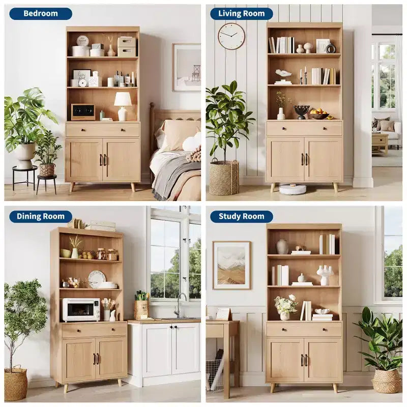 Tall 6-Tier Bookshelf & Bookcase with Doors & Drawer, Storage Cabinet with Open Shelves, 72.4 Freestanding Wood Bookshelf for Living Room, Bedroom