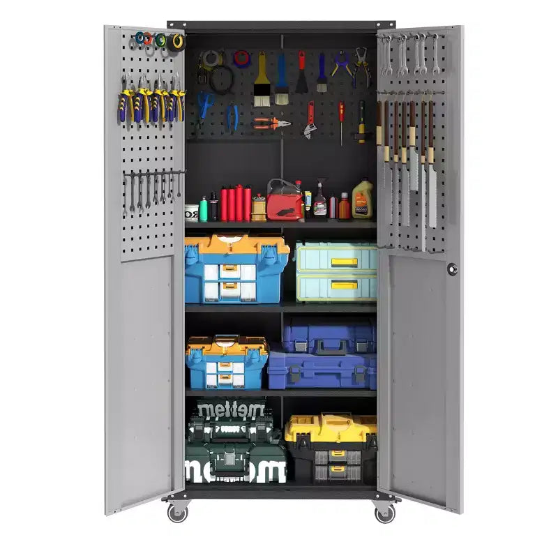 VIYET 71H Heavy-Duty Steel Garage Cabinet with Wheels & Lock - Adjustable Shelves, Hinged Doors, Mobile Organizer for Garage/Home/Office/School