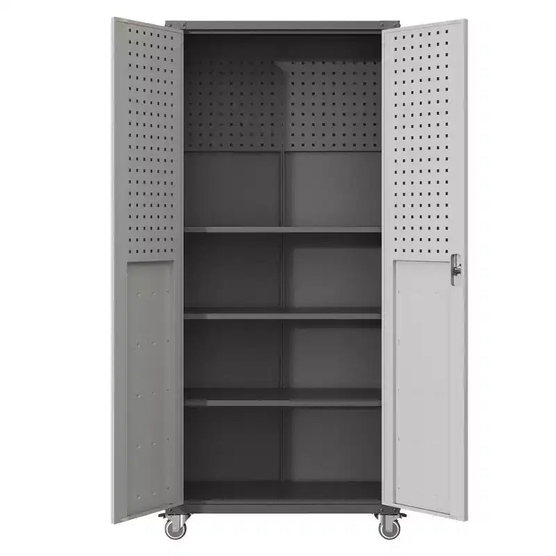 VIYET 71H Heavy-Duty Steel Garage Cabinet with Wheels & Lock - Adjustable Shelves, Hinged Doors, Mobile Organizer for Garage/Home/Office/School