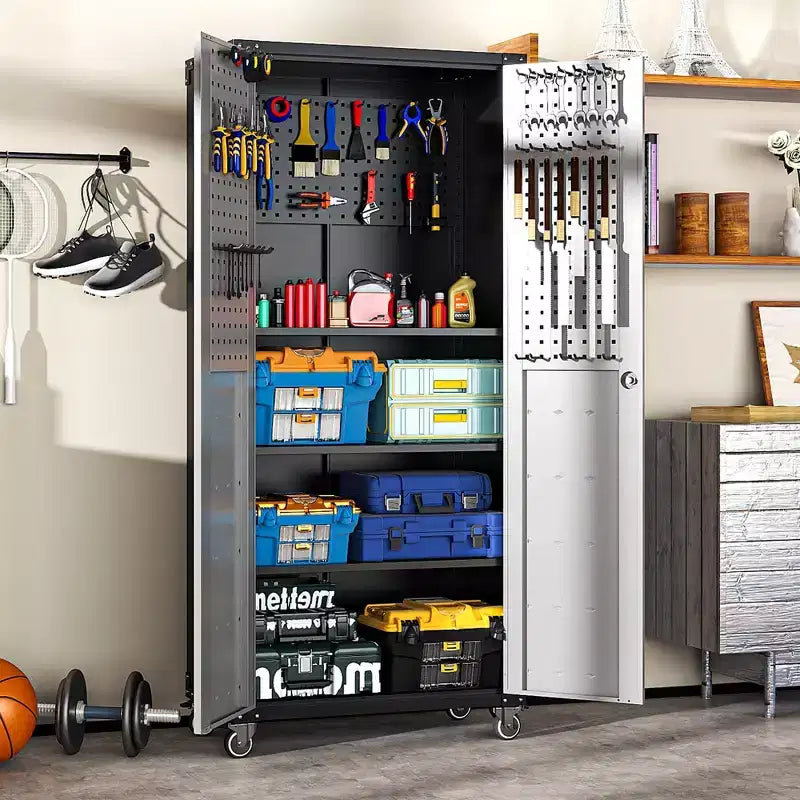 VIYET 71H Heavy-Duty Steel Garage Cabinet with Wheels & Lock - Adjustable Shelves, Hinged Doors, Mobile Organizer for Garage/Home/Office/School