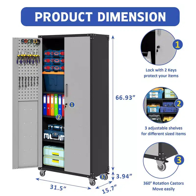 VIYET 71H Heavy-Duty Steel Garage Cabinet with Wheels & Lock - Adjustable Shelves, Hinged Doors, Mobile Organizer for Garage/Home/Office/School