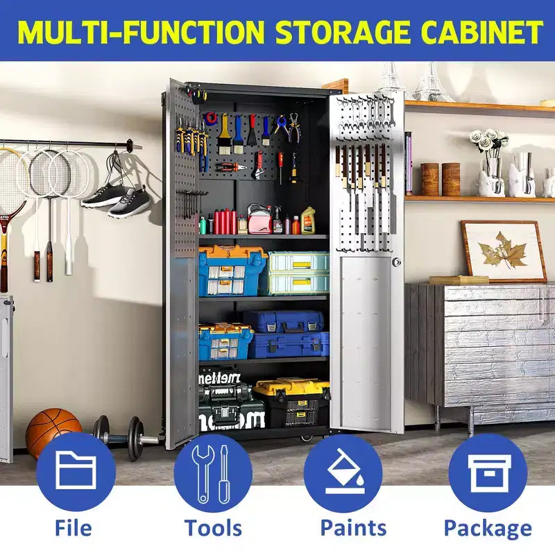 VIYET 71H Heavy-Duty Steel Garage Cabinet with Wheels & Lock - Adjustable Shelves, Hinged Doors, Mobile Organizer for Garage/Home/Office/School
