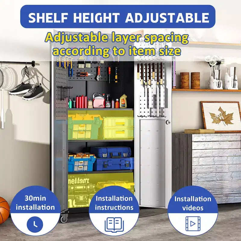 VIYET 71H Heavy-Duty Steel Garage Cabinet with Wheels & Lock - Adjustable Shelves, Hinged Doors, Mobile Organizer for Garage/Home/Office/School