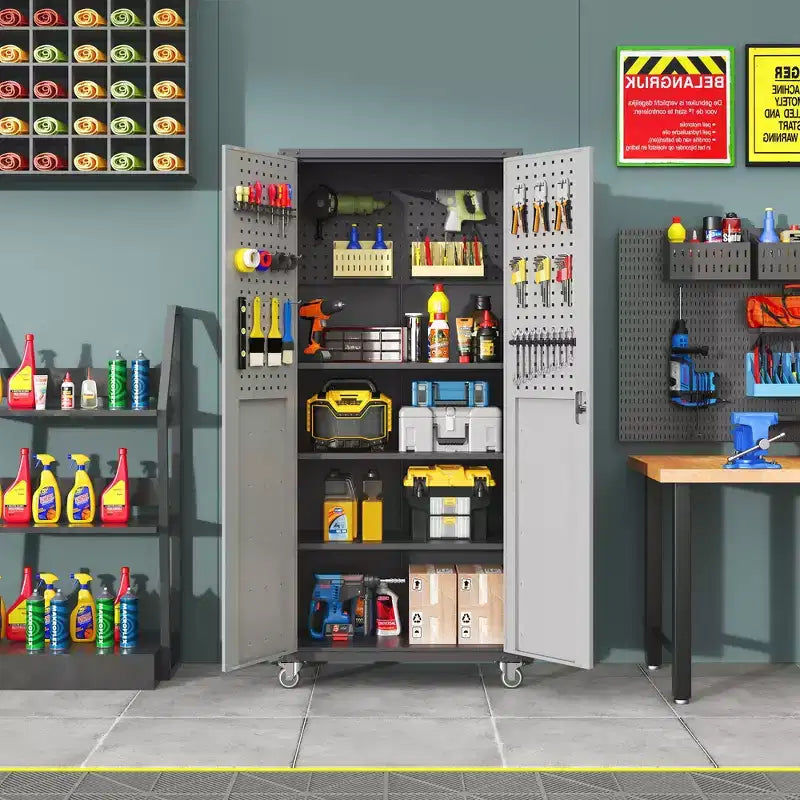 VIYET 71H Heavy-Duty Steel Garage Cabinet with Wheels & Lock - Adjustable Shelves, Hinged Doors, Mobile Organizer for Garage/Home/Office/School