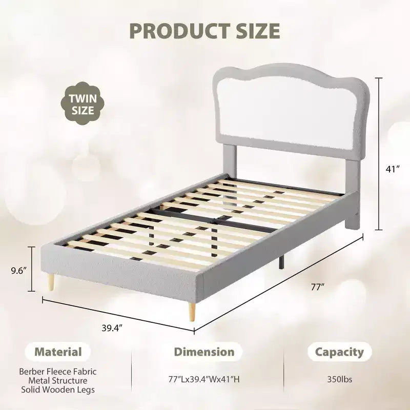 Coolmee Magic Ring Full Berber-Fleece Bed, 350 lb Solid-Wood Legs, Velcro MDF Slats, Noise-Free, Tool-Free Assembly for Kids, Gray