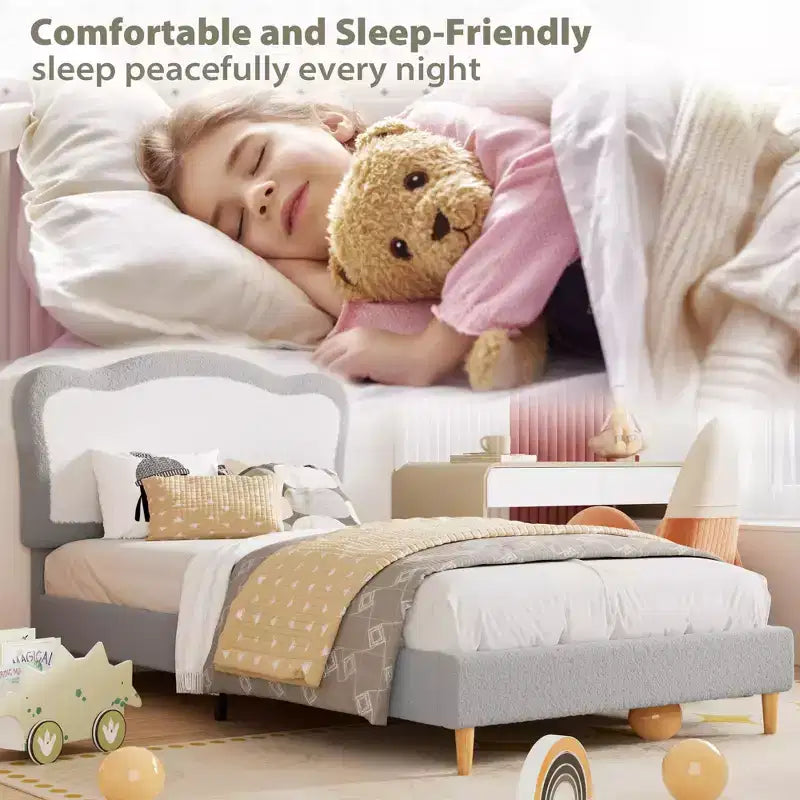 Coolmee Magic Ring Full Berber-Fleece Bed, 350 lb Solid-Wood Legs, Velcro MDF Slats, Noise-Free, Tool-Free Assembly for Kids, Gray