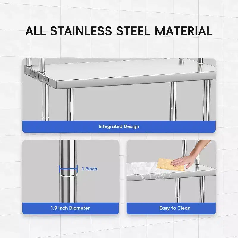48 x 24-inch Stainless Steel Office Desk with Adjustable Shelves and Hooks, Suitable for Restaurants, Homes and Hotels, NSF Heavy-duty Table