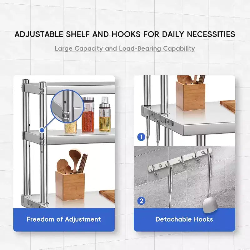 48 x 24-inch Stainless Steel Office Desk with Adjustable Shelves and Hooks, Suitable for Restaurants, Homes and Hotels, NSF Heavy-duty Table