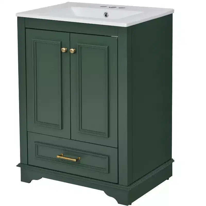 JVNOXK 24'' Bathroom Vanity with Ceramic Sink Combo, Modern Freestanding Storage Cabinet with Silver Handles, Soft Closing Doors-Green
