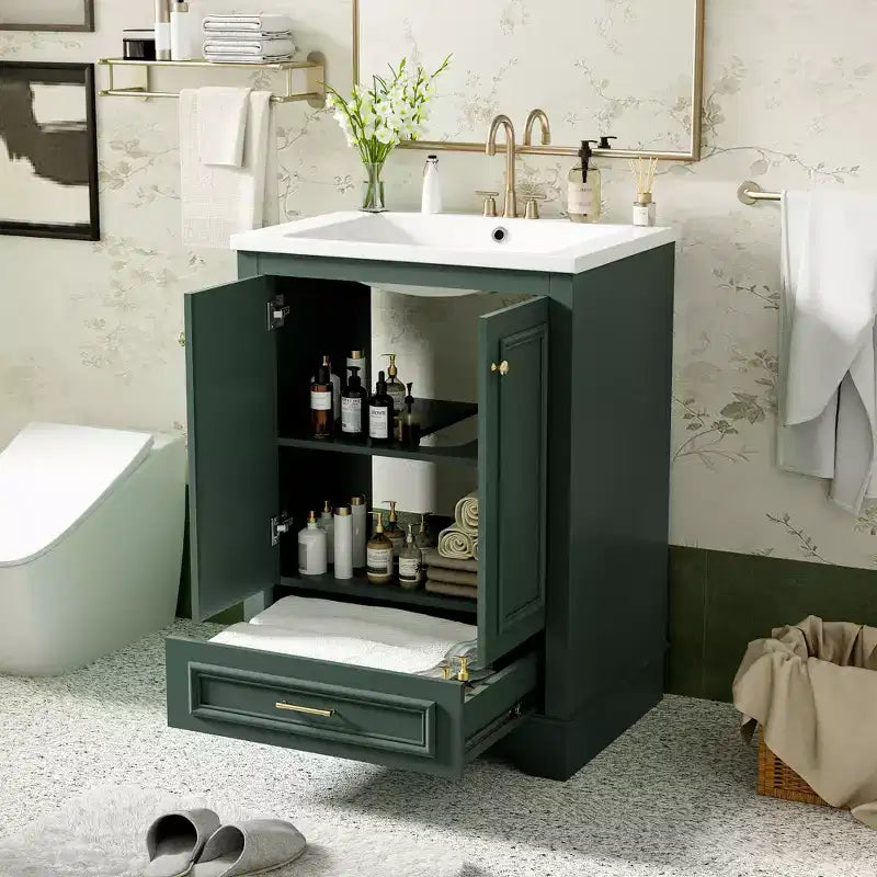 JVNOXK 24'' Bathroom Vanity with Ceramic Sink Combo, Modern Freestanding Storage Cabinet with Silver Handles, Soft Closing Doors-Green