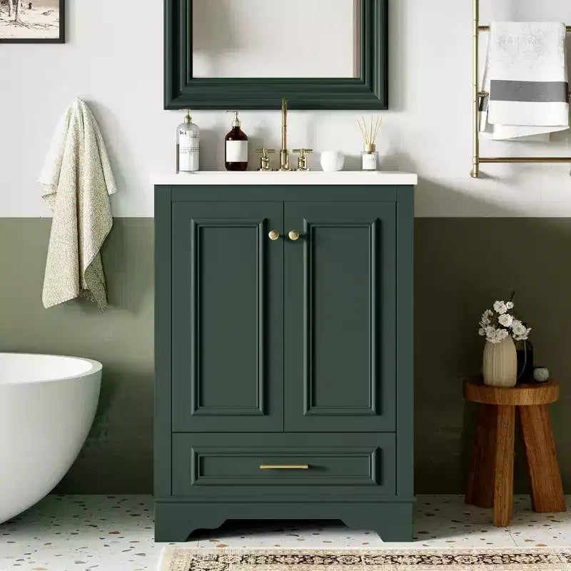 JVNOXK 24'' Bathroom Vanity with Ceramic Sink Combo, Modern Freestanding Storage Cabinet with Silver Handles, Soft Closing Doors-Green
