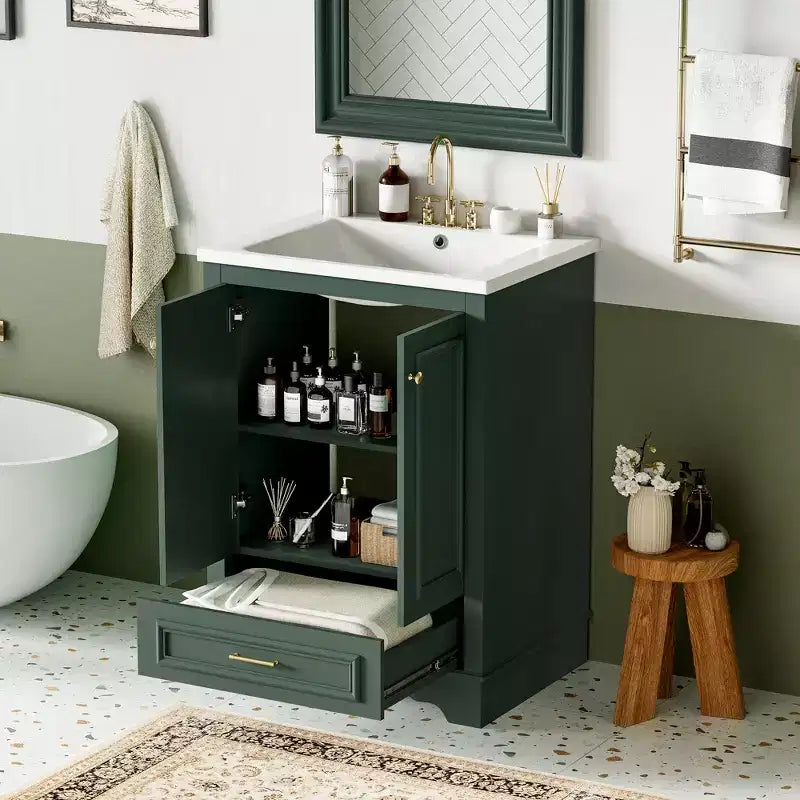 JVNOXK 24'' Bathroom Vanity with Ceramic Sink Combo, Modern Freestanding Storage Cabinet with Silver Handles, Soft Closing Doors-Green
