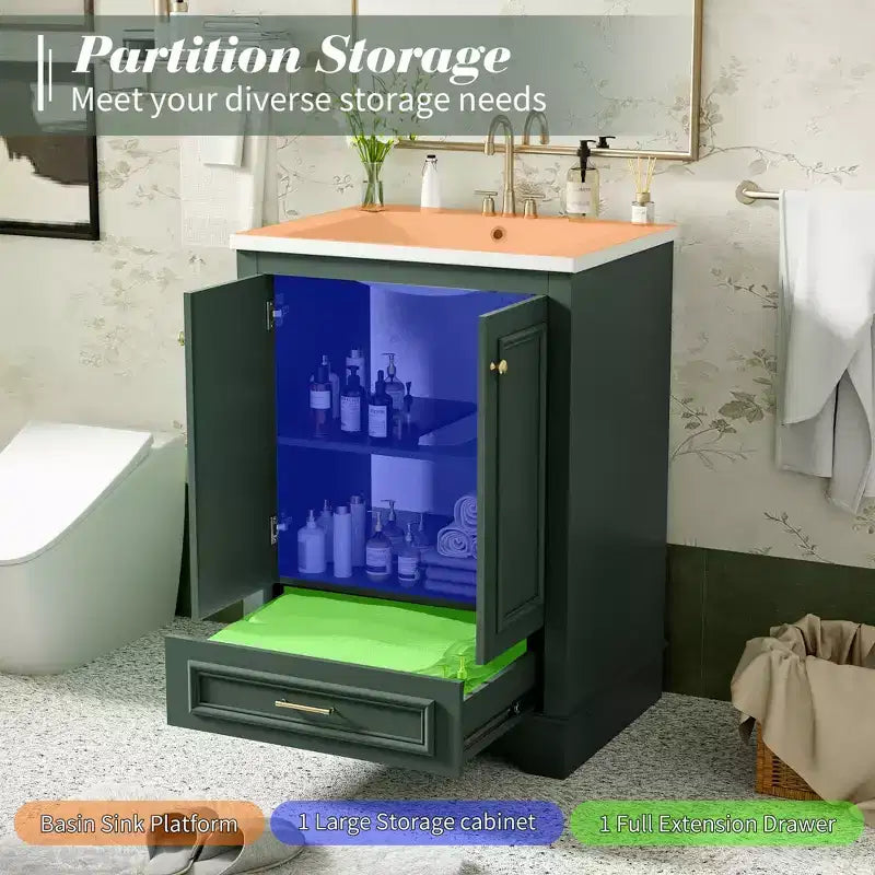 JVNOXK 24'' Bathroom Vanity with Ceramic Sink Combo, Modern Freestanding Storage Cabinet with Silver Handles, Soft Closing Doors-Green