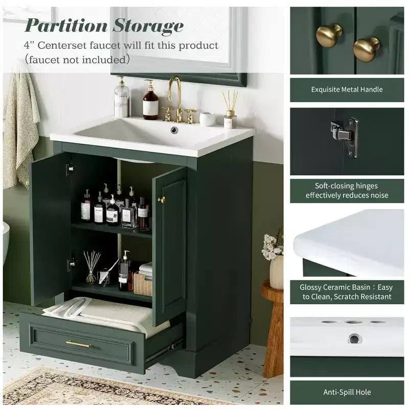JVNOXK 24'' Bathroom Vanity with Ceramic Sink Combo, Modern Freestanding Storage Cabinet with Silver Handles, Soft Closing Doors-Green