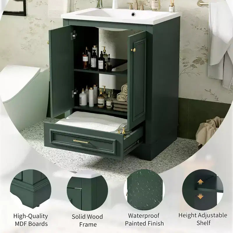 JVNOXK 24'' Bathroom Vanity with Ceramic Sink Combo, Modern Freestanding Storage Cabinet with Silver Handles, Soft Closing Doors-Green