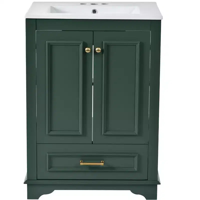 JVNOXK 24'' Bathroom Vanity with Ceramic Sink Combo, Modern Freestanding Storage Cabinet with Silver Handles, Soft Closing Doors-Green