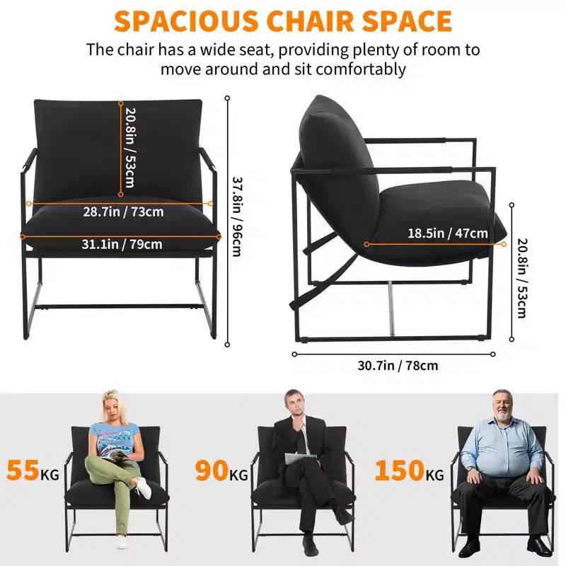 Sling Accent Chair with Metal Frame, Modern Comfy Living Room Chair, Upholstered Reading Chair with Shredded Foam Cushioning, Oversized Arm Chair