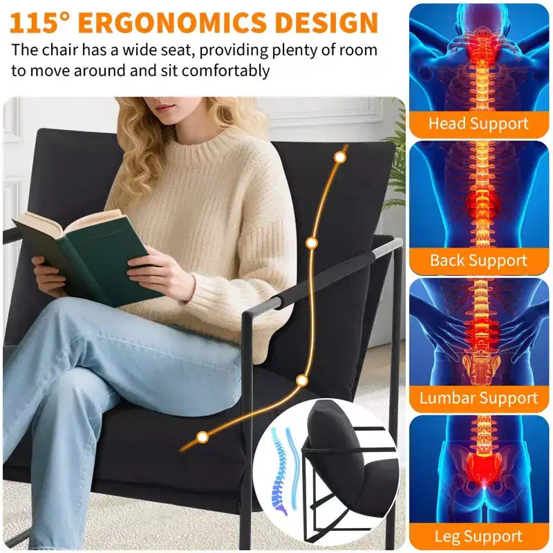 Sling Accent Chair with Metal Frame, Modern Comfy Living Room Chair, Upholstered Reading Chair with Shredded Foam Cushioning, Oversized Arm Chair