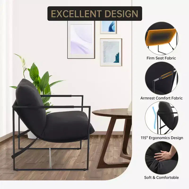Sling Accent Chair with Metal Frame, Modern Comfy Living Room Chair, Upholstered Reading Chair with Shredded Foam Cushioning, Oversized Arm Chair