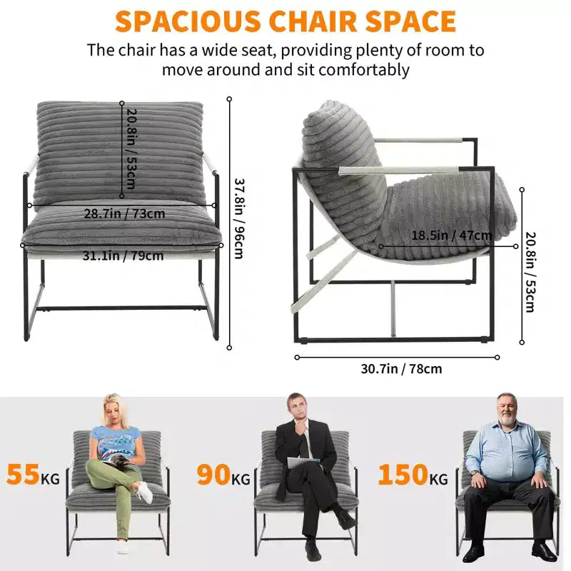 Sling Accent Chair with Metal Frame, Modern Comfy Living Room Chair, Upholstered Reading Chair with Shredded Foam Cushioning, Oversized Arm Chair