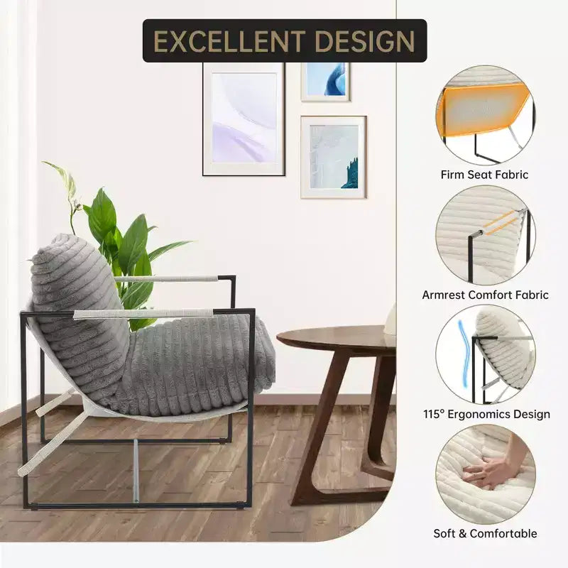 Sling Accent Chair with Metal Frame, Modern Comfy Living Room Chair, Upholstered Reading Chair with Shredded Foam Cushioning, Oversized Arm Chair