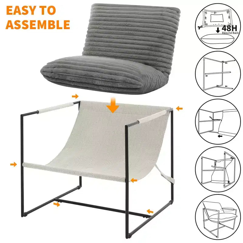 Sling Accent Chair with Metal Frame, Modern Comfy Living Room Chair, Upholstered Reading Chair with Shredded Foam Cushioning, Oversized Arm Chair